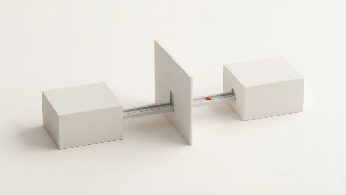 Minimal geometric blocks linked through a central plane to represent ACH payment processing