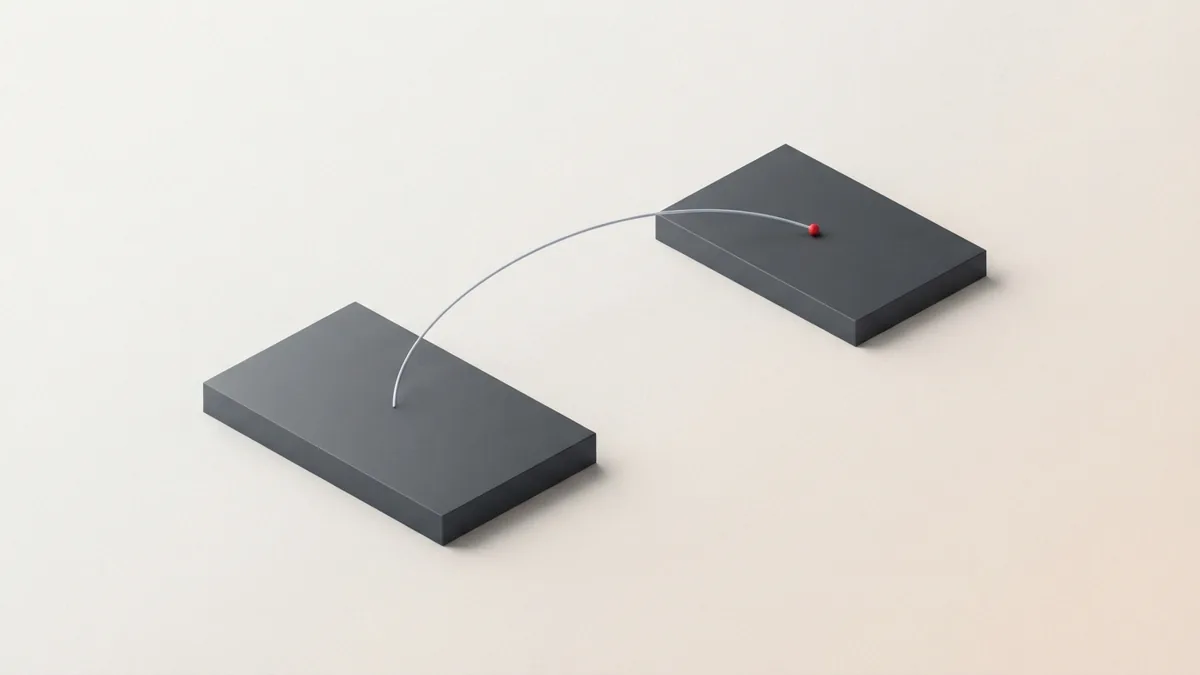 Geometric payment path connecting two bank-like forms on a warm paper background