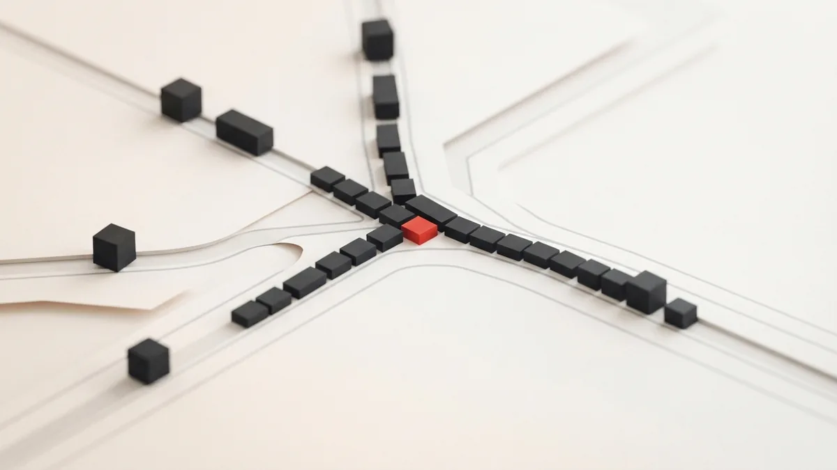 Small geometric blocks join a payment route across layered paper-like planes
