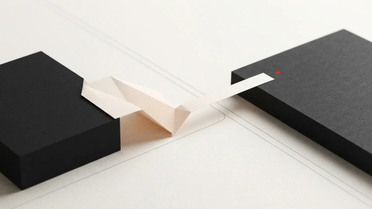 Folded paper form beside a clean route between two geometric shapes
