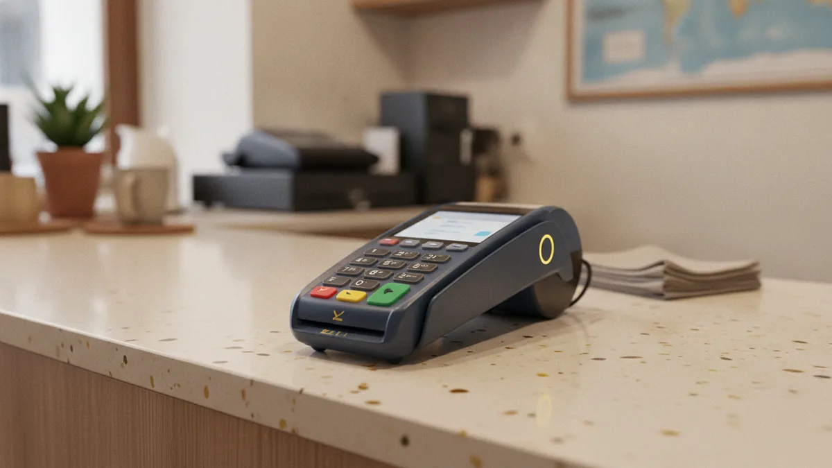 Checkout and settlement reality Card reader ready for electronic payments at a retail checkout.