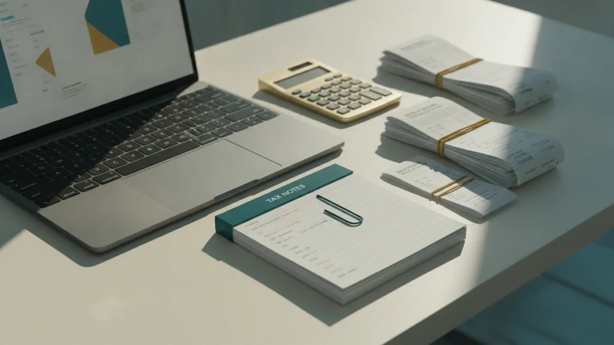 Laptop beside organized tax notes and receipts for an online business class