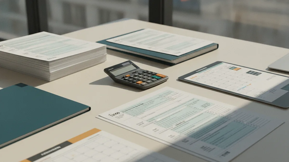 Tax forms and calculator arranged beside a calendar for planning an extension