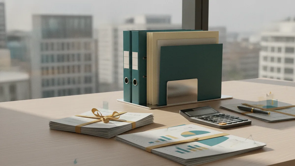 Small business owner records sorted into neat folders with calculator and bank papers