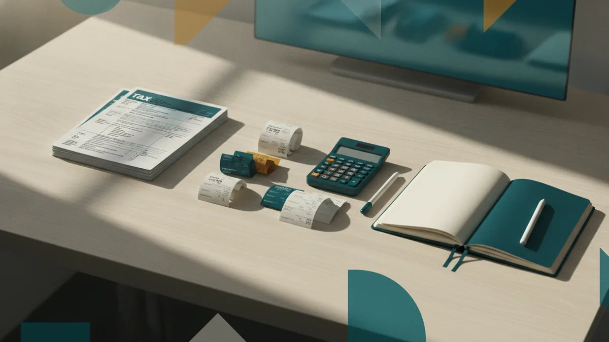 Tax forms and expense receipts arranged beside a calculator for careful filing