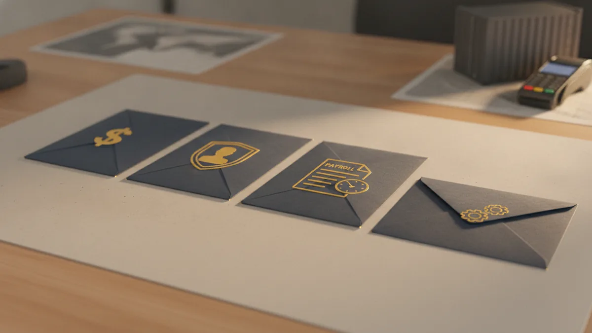 Assorted tax categories represented by simple envelope icons in a tidy workspace