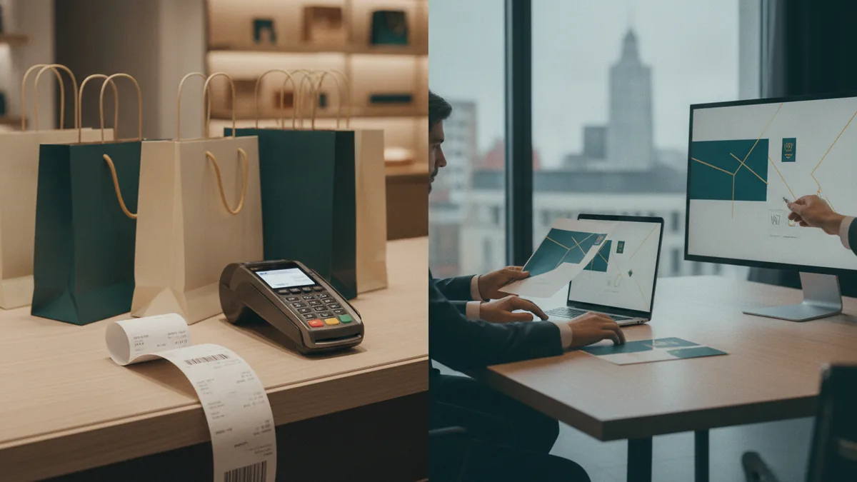 American retail checkout setting with shopping bags and a sales tax receipt