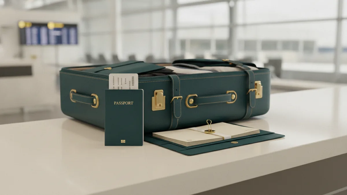 Airport departure desk with luggage and organized travel papers