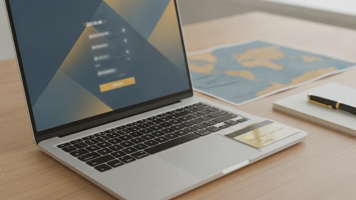 Laptop and payment card setup representing online card-not-present orders