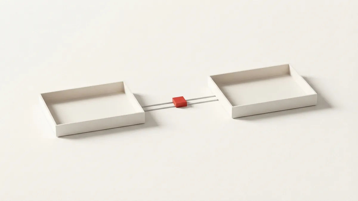 A small connector joins two paper trays as a visual metaphor for linked event registration and payment