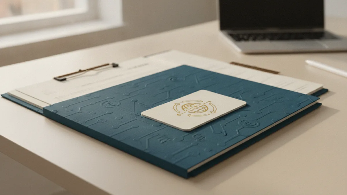 Documents and business card on a desk representing VAT registration details