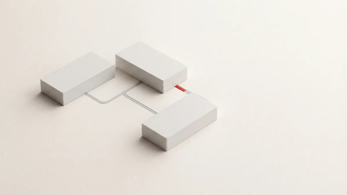 Geometric payment system blocks linked by precise lines with a restrained red accent