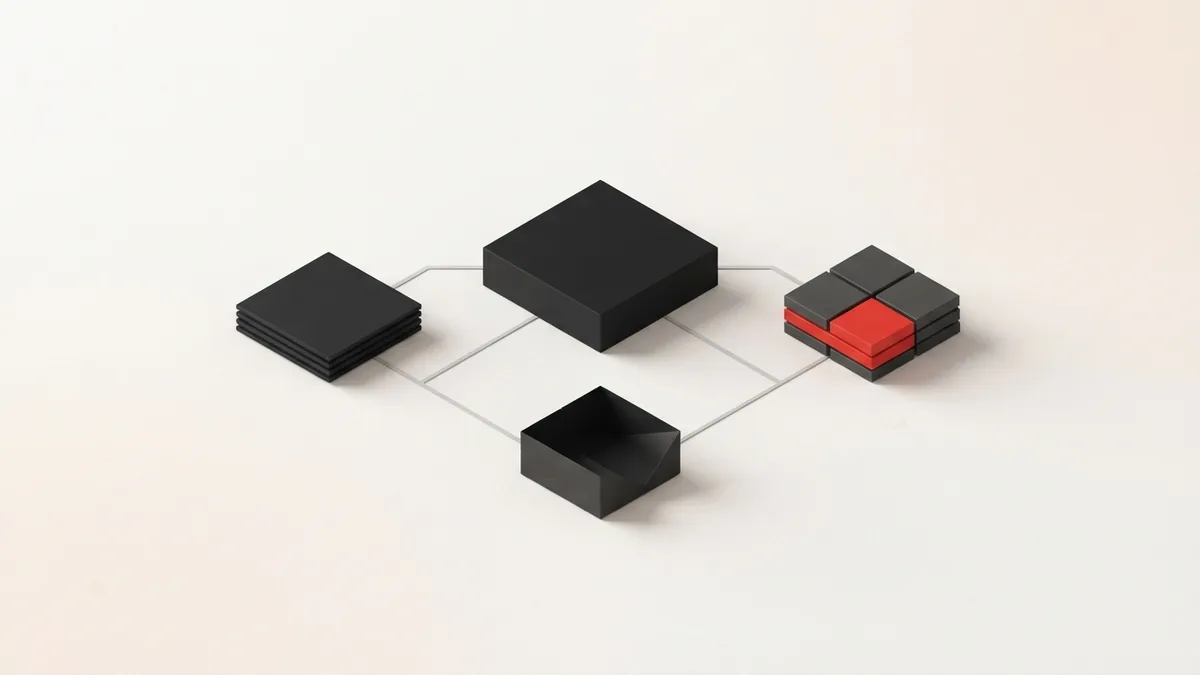 Geometric blocks linked by fine lines represent parts of an e-commerce payment system