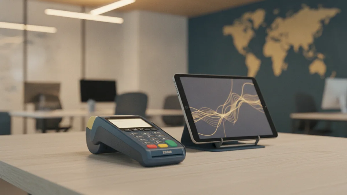 Checkout payments in action Credit card terminal and checkout tablet representing payment processing