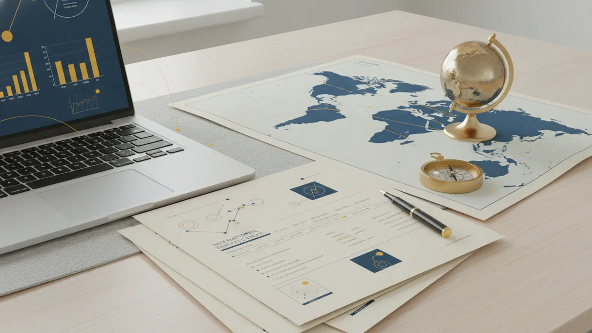 Gateway connects cross-border flows A desk scene with international invoices and a world map theme for global payments