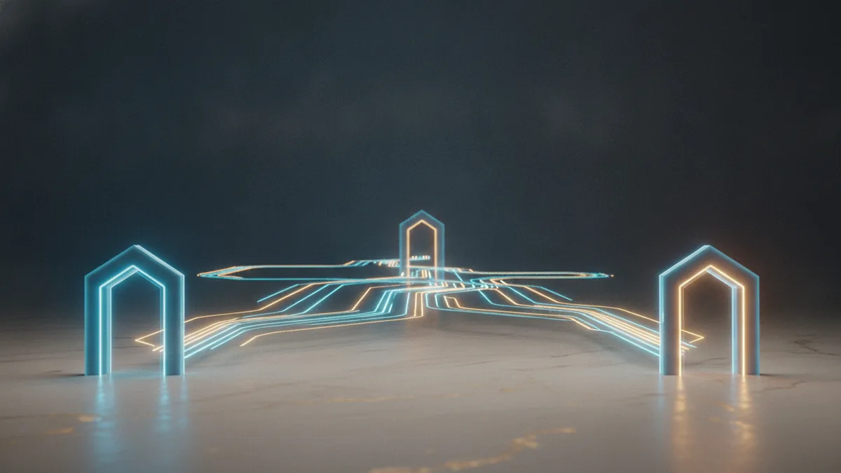Light trails show the steps of routing, conversion, and settlement for cross-border payments