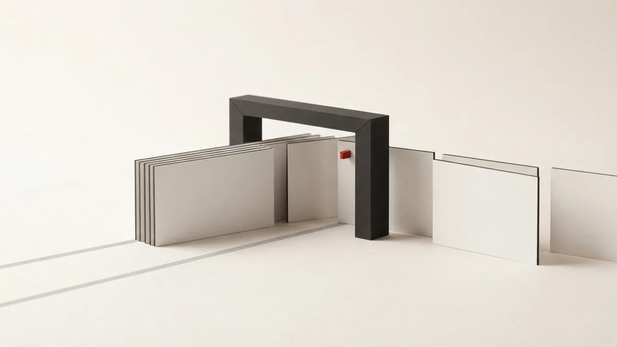 Blank geometric cards passing a simple gate symbolize tax registration and filing