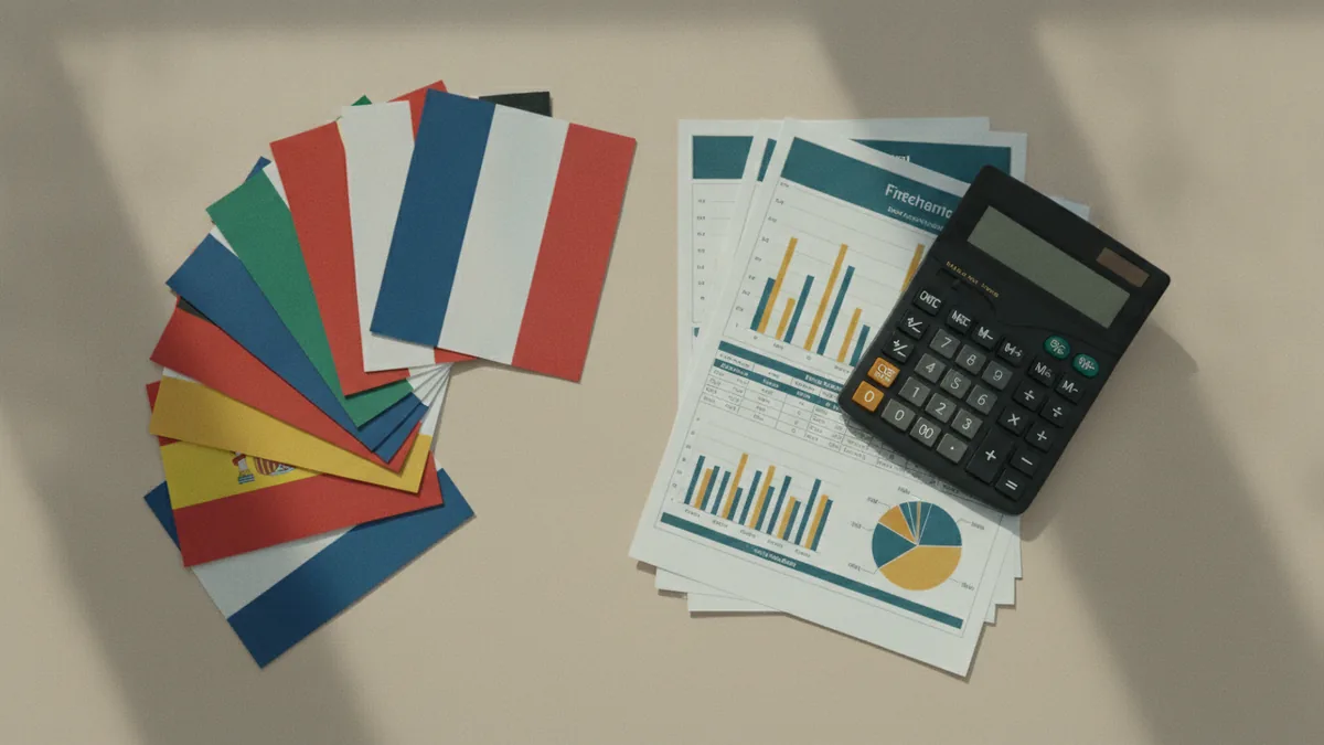EU country rate comparison shown through flags, calculator, and finance papers
