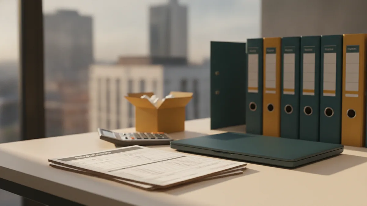 Preparing for VAT registration Small business owner workspace with registration forms, calculator, and shipping boxes