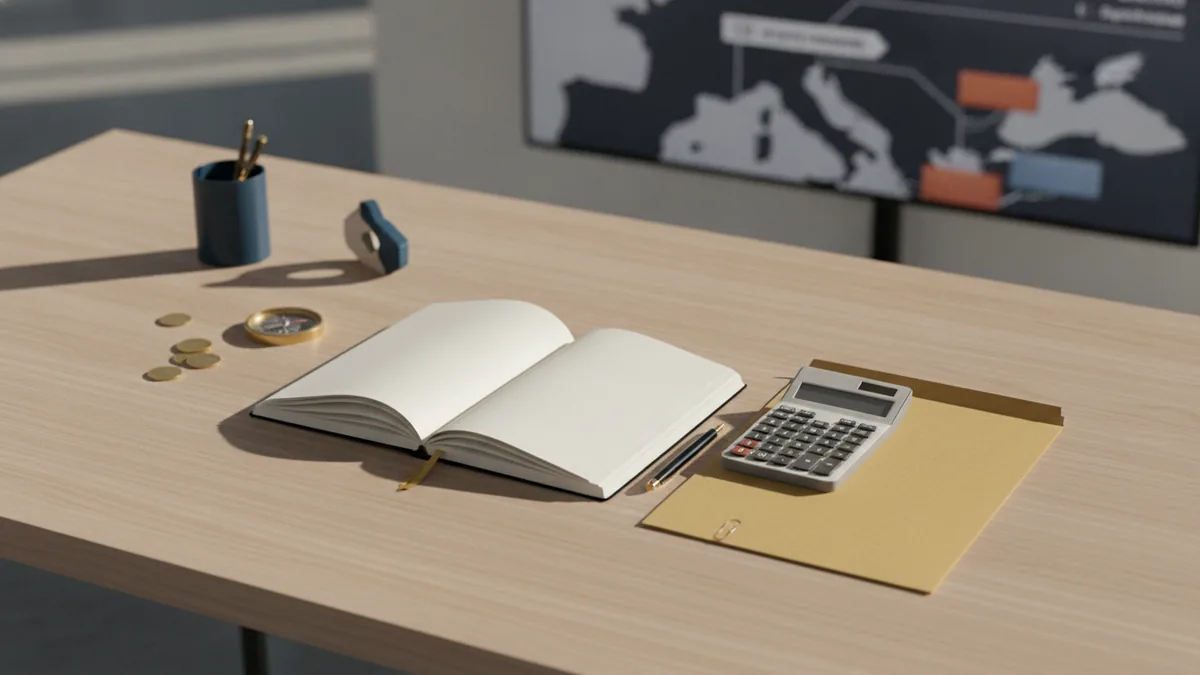 Desk with calculator and business paperwork for estimating fees