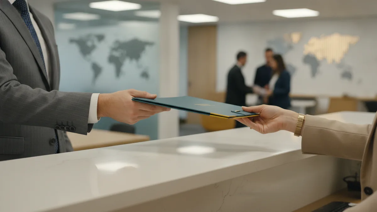 Document handoff at a city office-style counter for applying