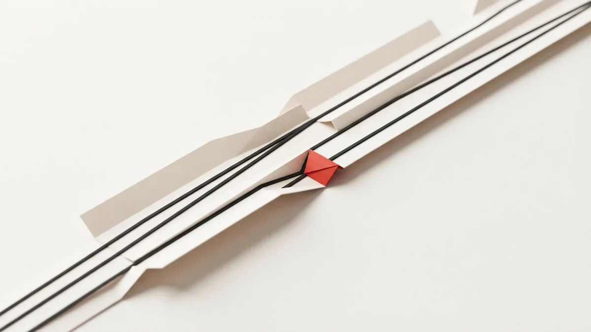 Two precise payment paths cross folded cream planes with restrained charcoal lines