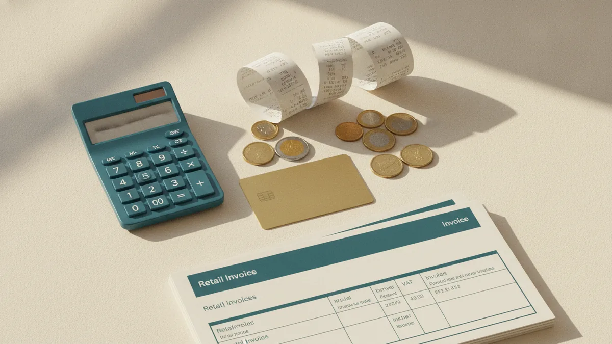 Calculator beside receipts and a shopping bill for estimating an Italian VAT refund