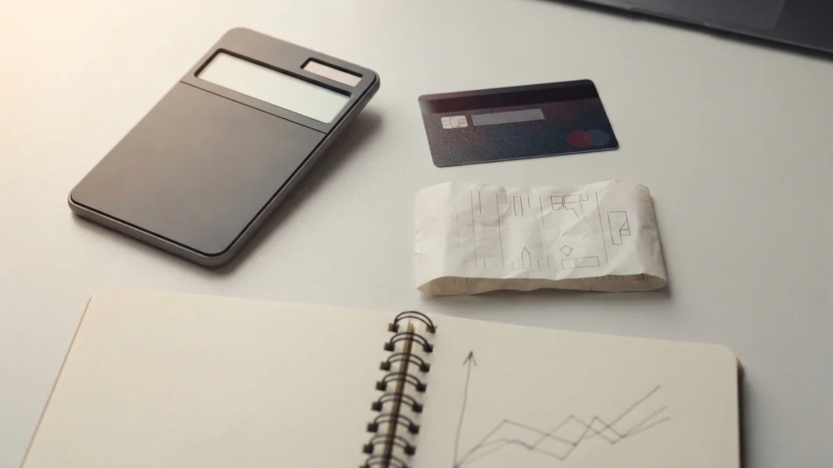 Comparing payment fees for a business Calculator, bank card, and notebook arranged for comparing payment fees