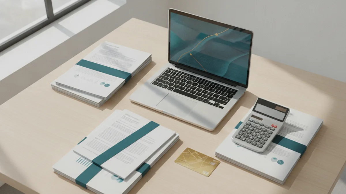 Person-free desk setup showing court documents and secure online payment preparation