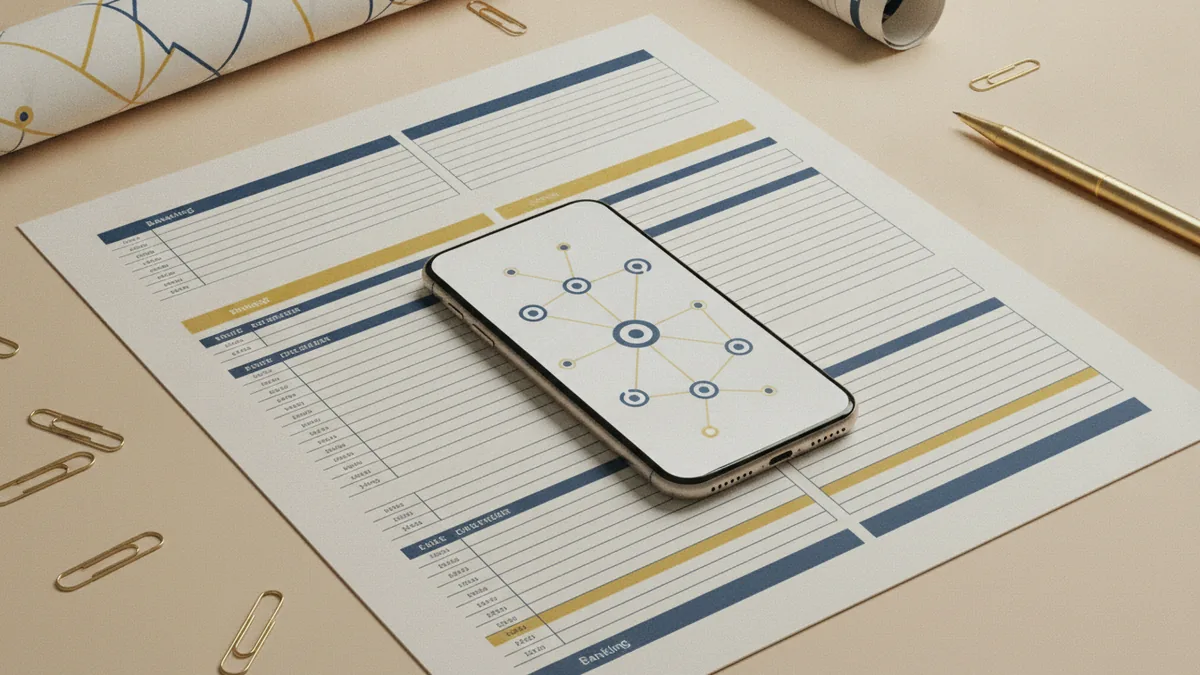 Desk scene with banking paperwork and a smartphone representing ACH transfers
