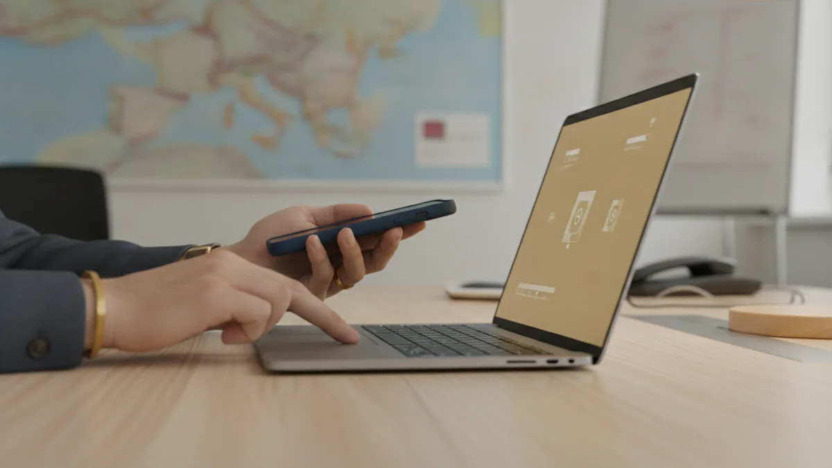 Make the transfer from savings account Hands using laptop and phone to set up an electronic bank transfer