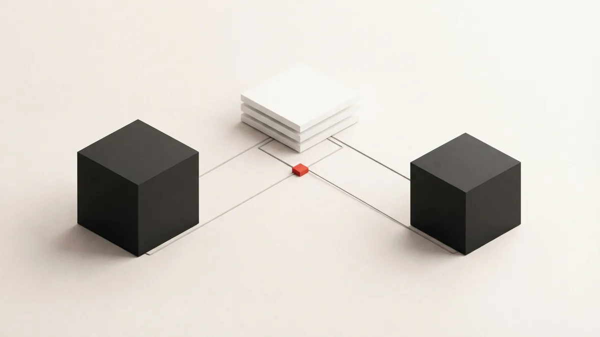 Secure links between banking systems Geometric blocks linked by secure paths to represent open banking connections