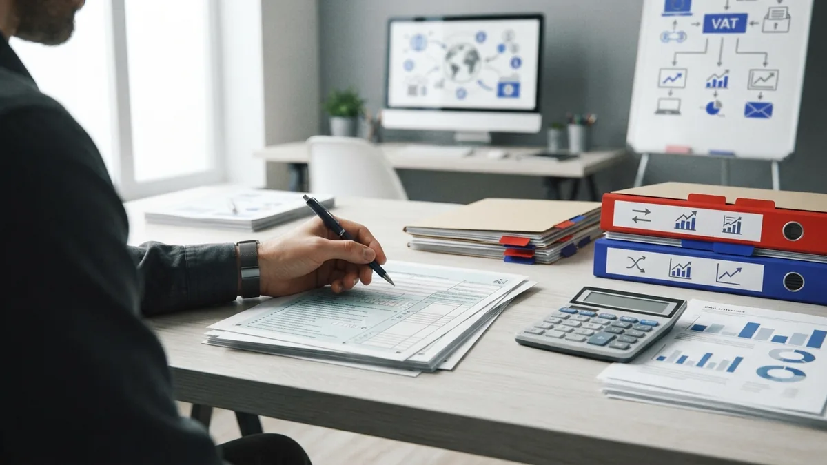 Preparing an online VAT application Business owner preparing online VAT registration details at a tidy desk