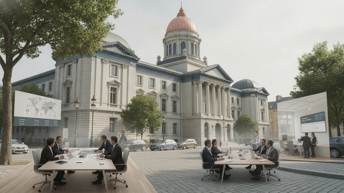 Courthouse setting representing county tax lien sales