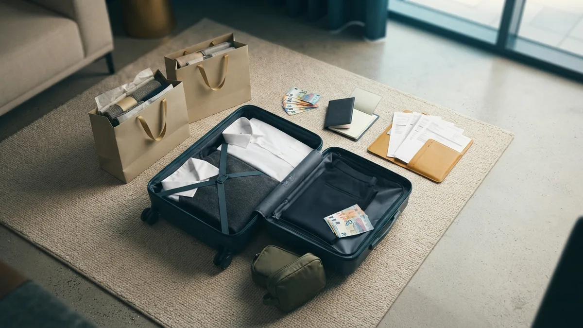 Travel documents and shopping bags ready for customs validation