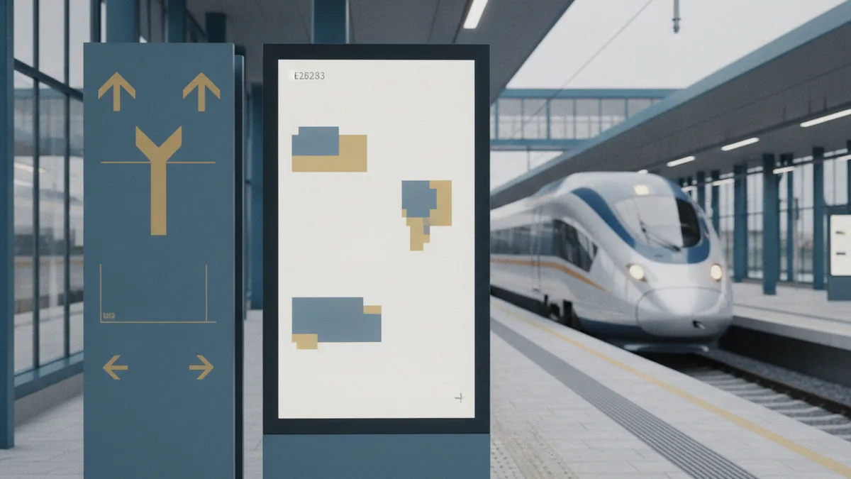Station signage with a train arriving in the background on a UK platform