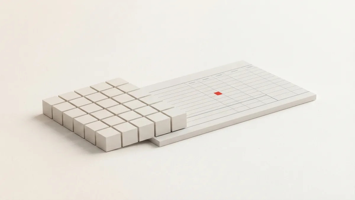 Geometric blocks beside a fine-line plane suggesting stock tracking and sales records