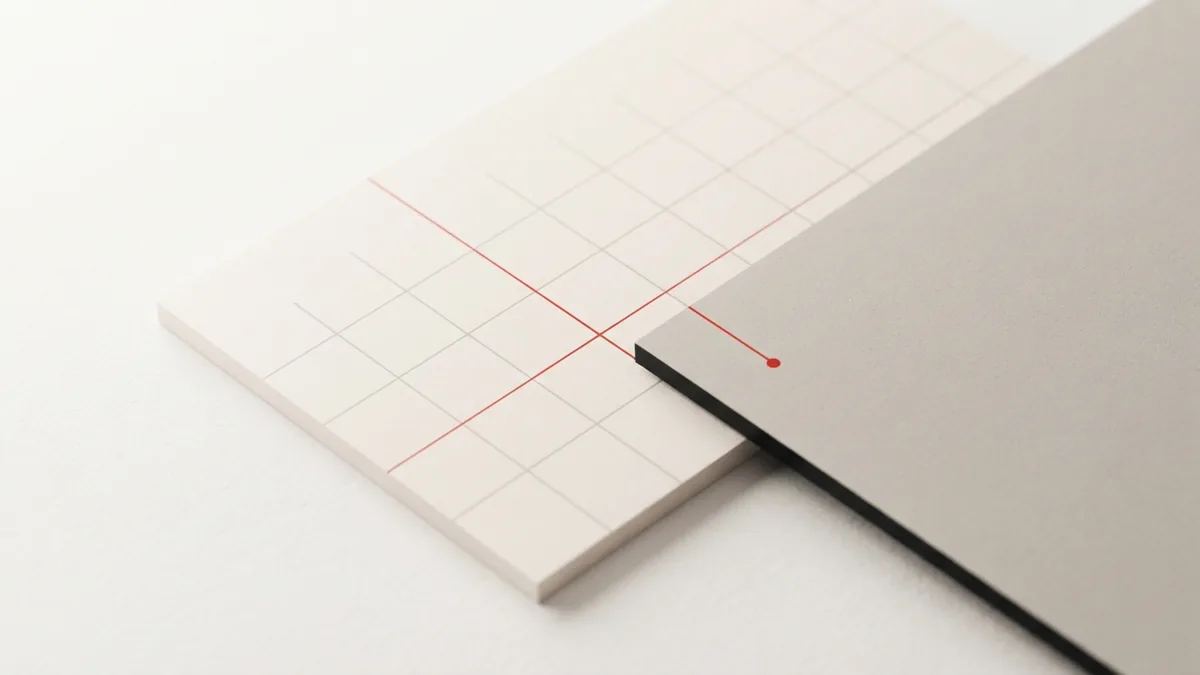 A fine line crosses a boundary in a spare paper grid composition