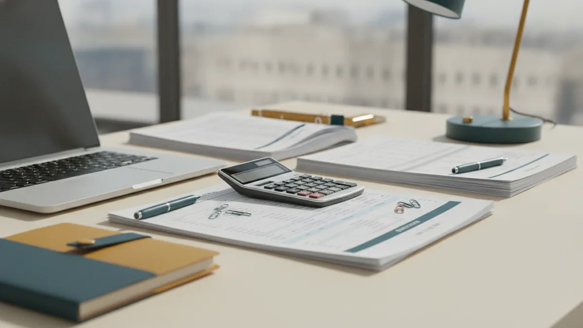 Reviewing VAT rates and invoices Accountant reviewing VAT records beside invoices and a calculator at a neat desk