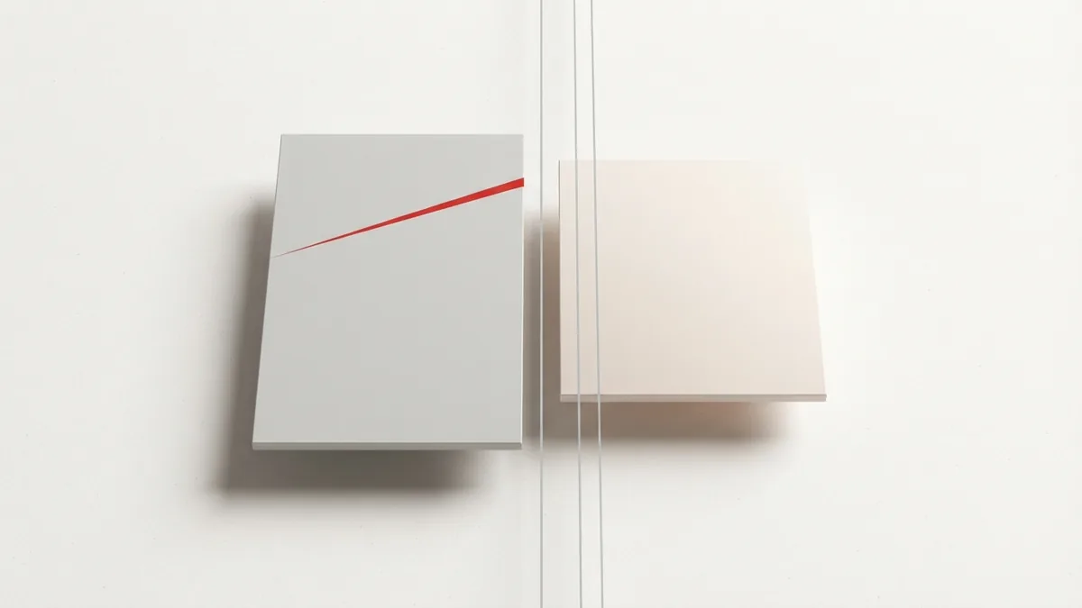 Offset geometric slabs evoke currency risk, fees, and the work of matching payment records