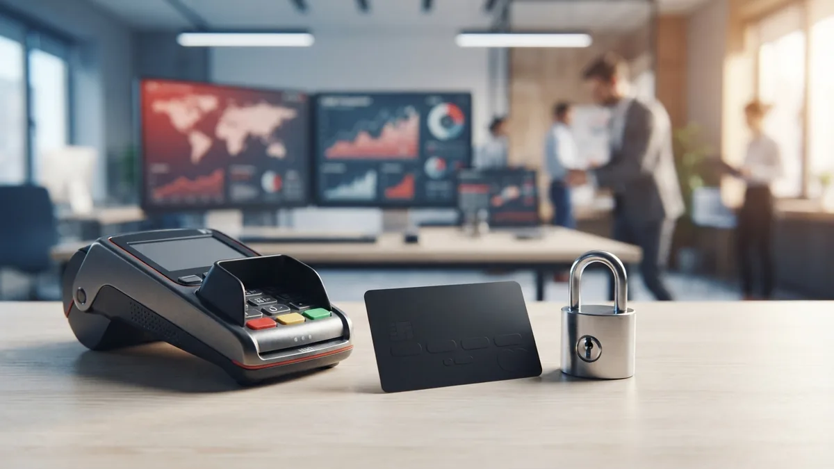 Payment security and fraud checks Payment security tools represented by a card terminal and lock-shaped hardware