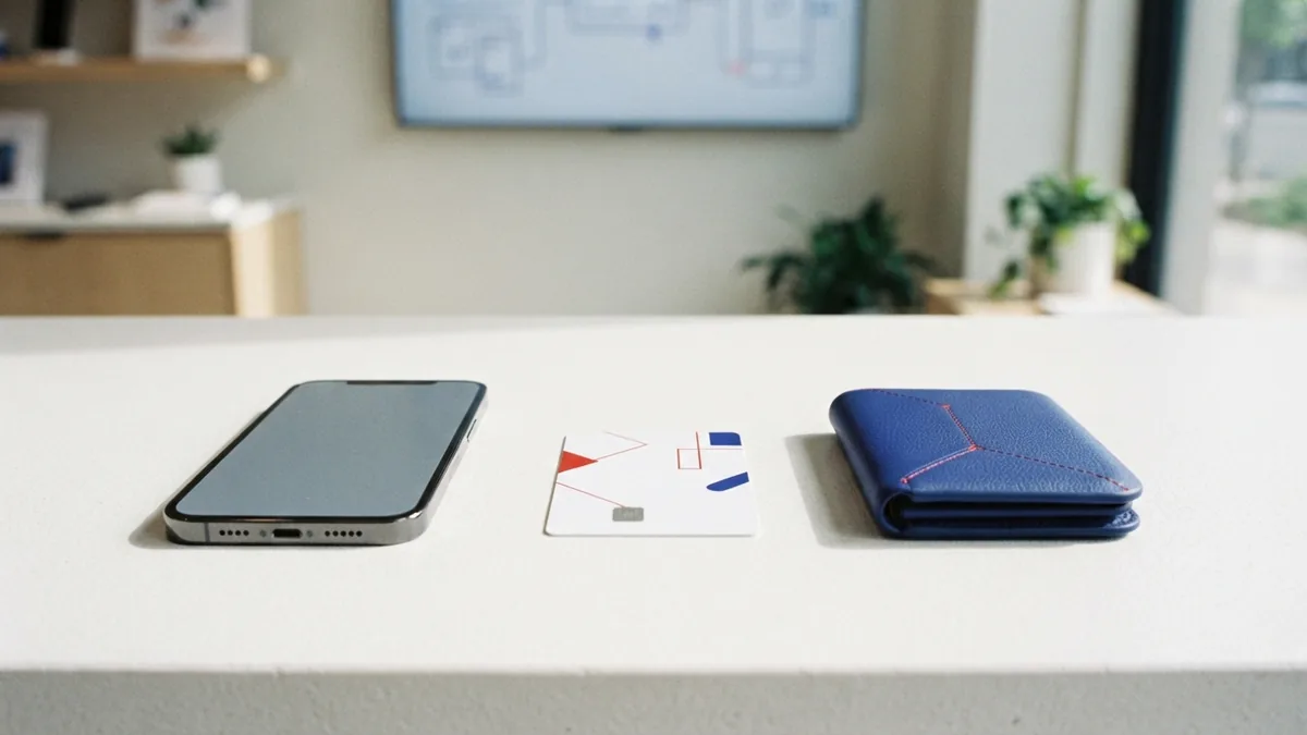 Cards and digital wallet choices Credit card and digital wallet payment choices arranged beside a smartphone
