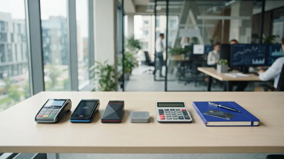 Comparing payment service providers Business owner tools for comparing payment providers on a tidy office desk