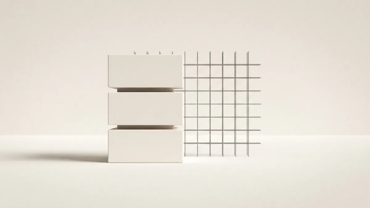 A visual metaphor for duty calculation Layered cream blocks beside a fine grid, suggesting customs value and tariff classification