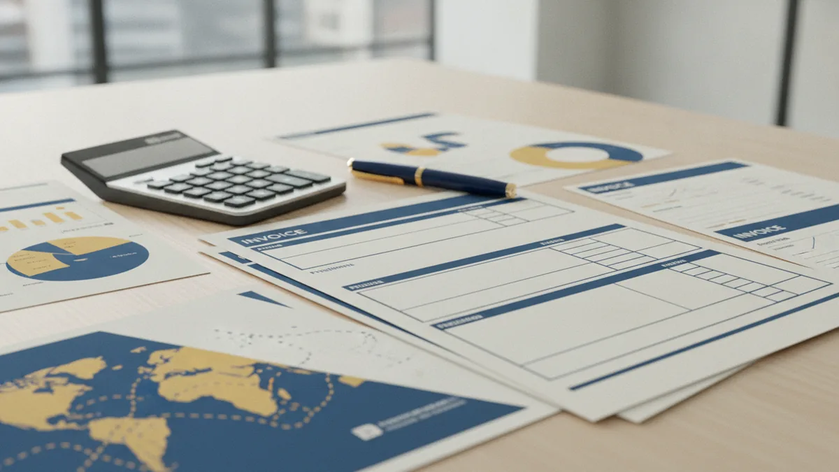 Fee breakdown review Reviewing an invoice with fee categories and a calculator