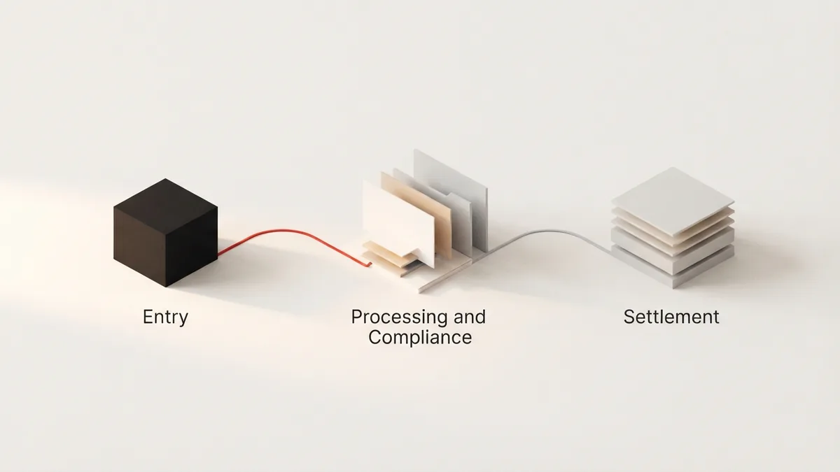 Abstract routed payment path from checkout through settlement stages