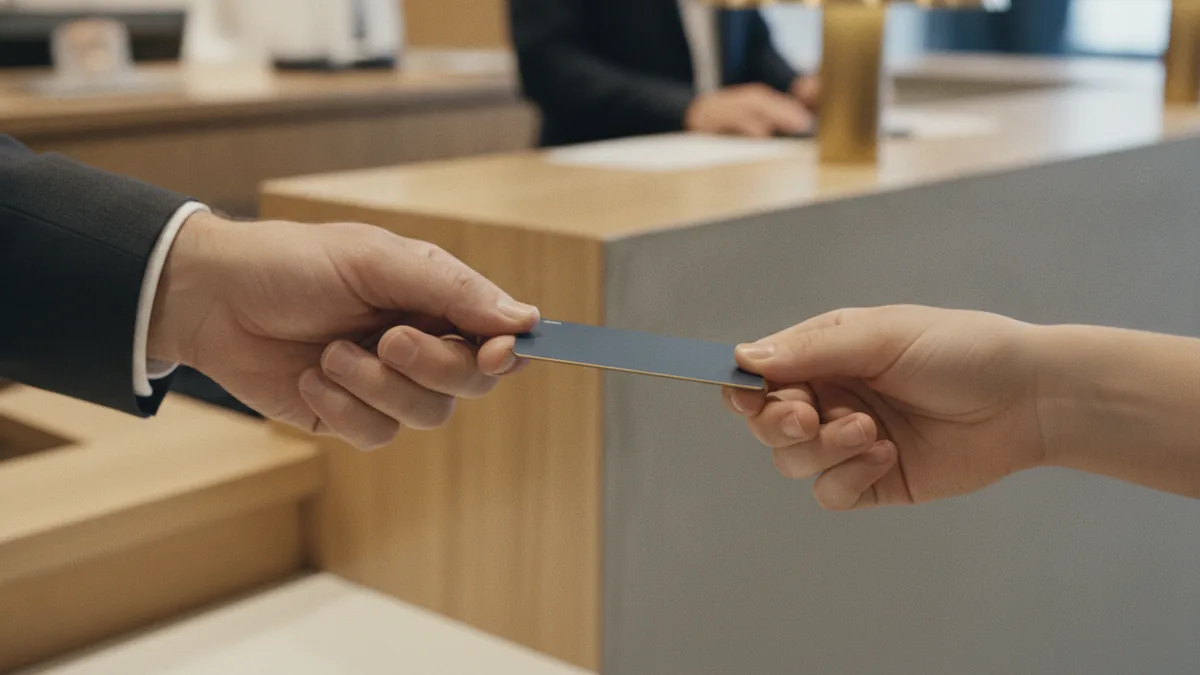 Hands making a card payment at a checkout counter to illustrate payer to payee transfer