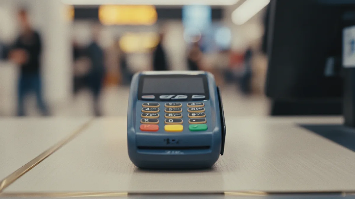 Steps from authorization to settlement Card reader at checkout illustrating authorization, capture, settlement, and reconciliation