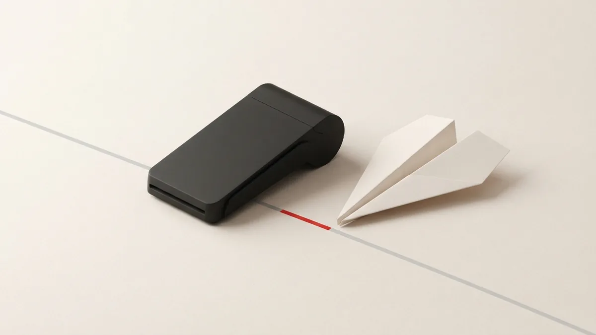 Tools for in-person payment An unmarked terminal form beside a folded plane represents payment tools for shops