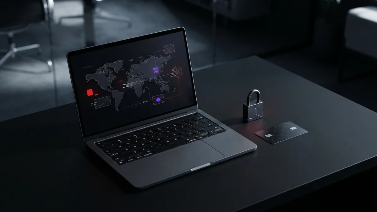 Secure online checkout concept with a laptop, card, and payment gateway symbols